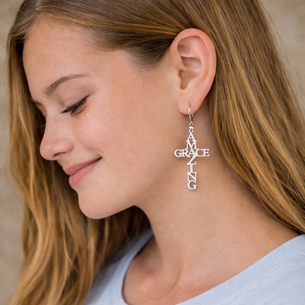 EARRINGS Cross Amazing Grace Script Dangle Stainless Steel Dainty Jewelry Gift